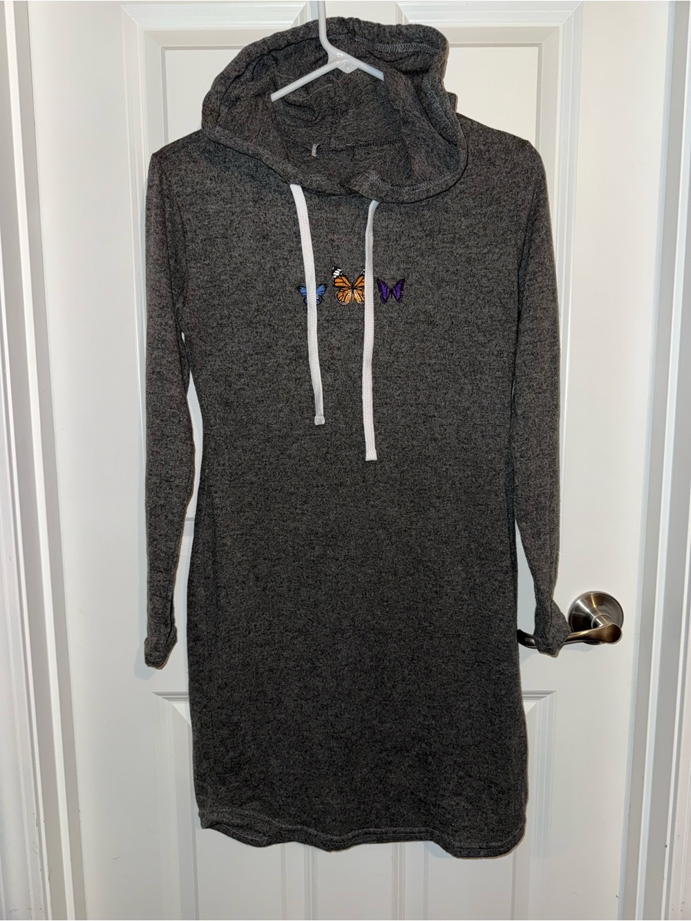 Cozy Dark Gray Hoodie Dress with Butterfly Embroidery
